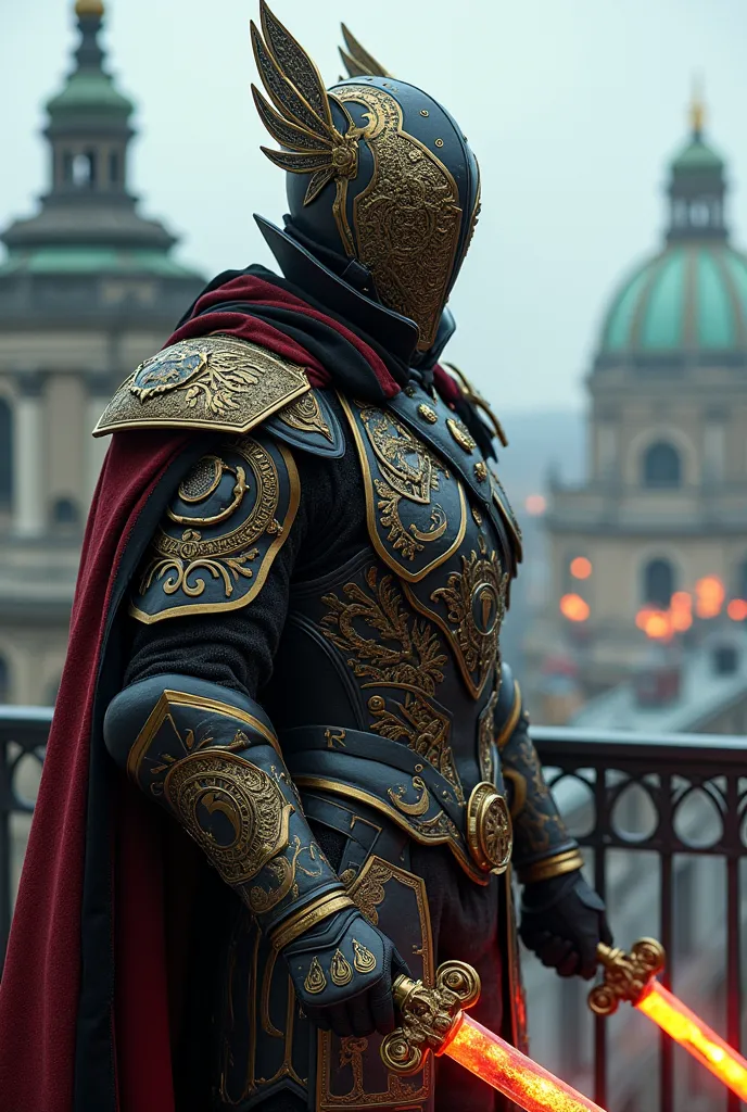 "A masked warrior inspired by the grandeur of the Austro-Hungarian Empire, wearing an ornate, futuristic battle mask with intricate Baroque engravings. His armor fuses imperial military aesthetics with advanced nano-weave fabric. He wields a plasma-powered...