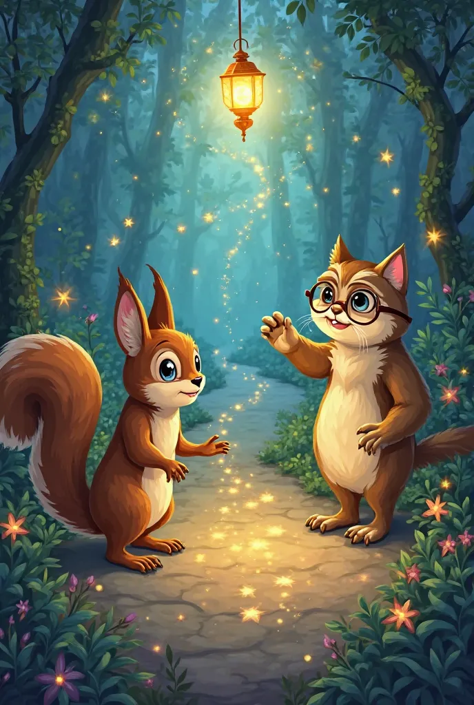 Create a picture where Squirrel and Owl went together to look for the central lantern and met the Cat Murchik who tells them the way