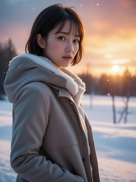 (((Plump body))), (((Very beautiful mature woman))),  ((plump mature woman's body)), ((The body of a very glamorous mature woman)), In the heavy snow, (((Powder Snow))), Mountain area, ８k, Sexy long coat worn by a beautiful 30-year-old Japanese woman with ...