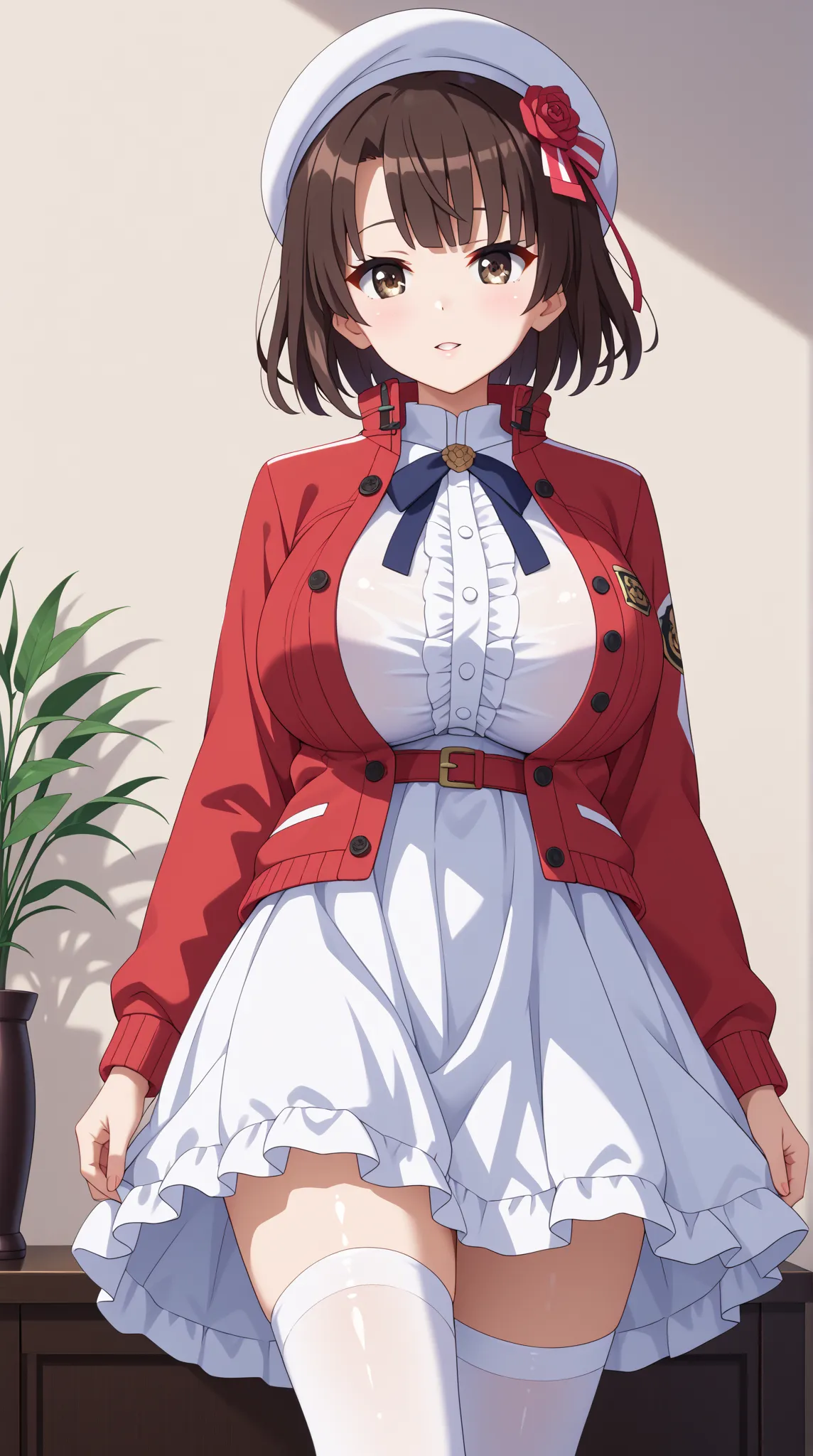 (UHD, retina, masterpiece, accurate, anatomically correct, super detail, high details,   highres, 1080P, 16k、high detail RAW color art:1.3)、 (megumi katou:1.3)、(short hair、brown hair, brown eyes:1.3)、(very gigantic breasts:1.5)、(shiny skin:1.3)、(jacket, lo...