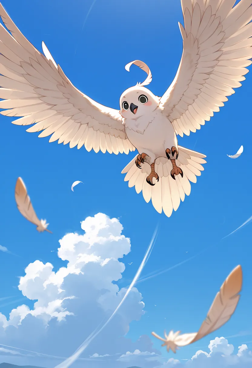 masterpiece, Highest quality, Feathers floating in the blue sky, Chasing Chibi-chan