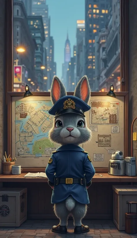 A small police station is situated in the middle of a bustling city, with towering buildings and the glow of car lights outside the window. Inside, a gray rabbit, neatly dressed in a police uniform and wearing a well-fitted hat, stands solemnly in front of...