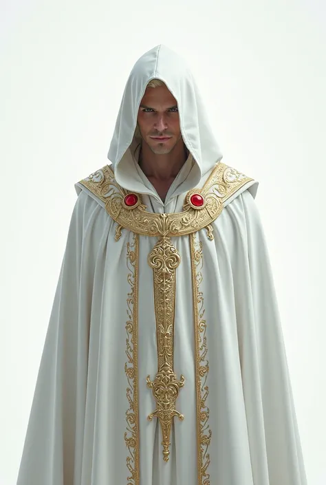 (photorealism:1.2), white blonde man wearing a hooded robe with the hood covering the eyes, stark white with some red with intricate gold trim, pious and devout, member of a cult