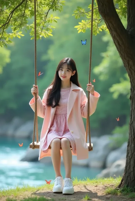 High definition, work, A young Korean woman stands under a tree in a nice outdoor environment with a blue river flowing.. Beautiful Face, Perfect Description , 18 years old, cute face(age:12), smile, She has a light pink coat, checkered dress, And she's we...