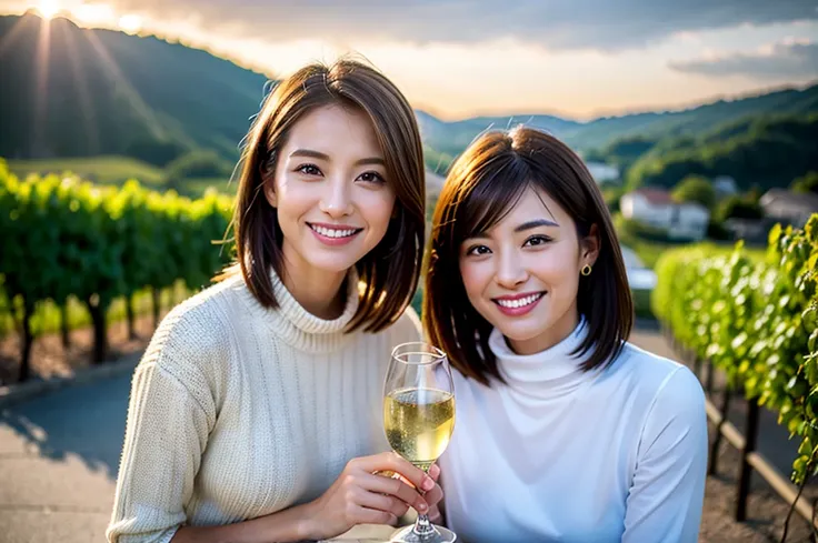 ((  has wine glasses)),((White Wine)),((  Sparkling Wines)),(realistic, 超realistic:1.4), 16K HDR,  high image quality,turtleneck shirt,Age 33,29 years old, Japanese Beauty,happy smile, short hair,  best smile、slim couple、Model Couple、(realistic,   intricat...