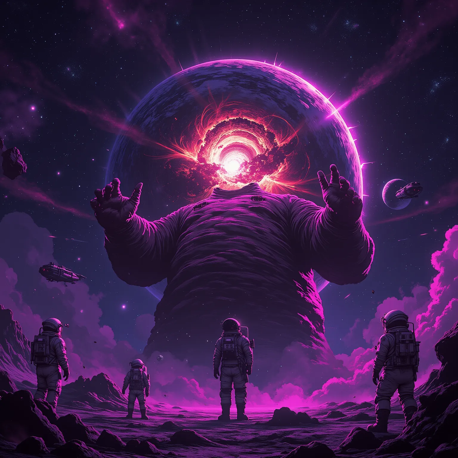 Photorealistic photograph of asci-fi scene featuring a colossal, obese  who has evolved into a cosmic entity devouring entire planets. He stands in the void of space, holding Earth in both hands like an oversized hamburger, taking a massive bite. Bright en...