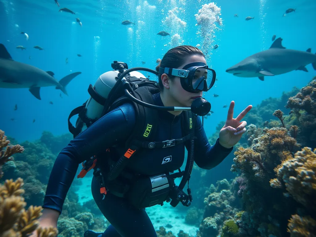 A 27 years old ,matured,american white woman with a large-sized, full figured body shape, ivory white round-shaped face.

She and her husband. She swims underwater with a group of divers, watching sharks swim around her calmly.

✅ Outfit: Full-body wetsuit...