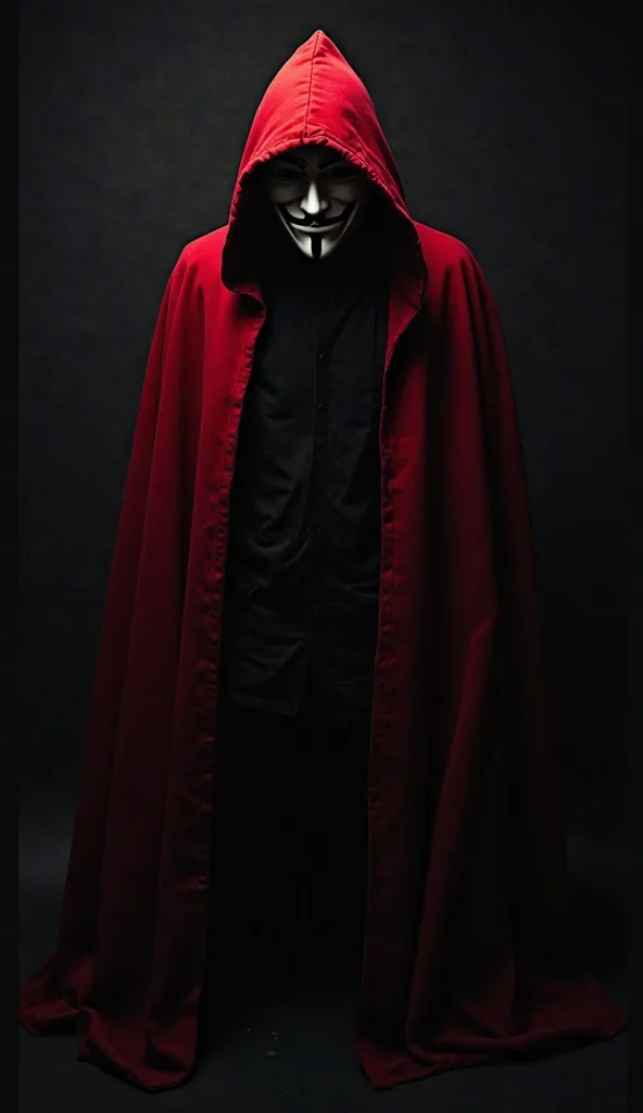 
"A mysterious figure wearing a red hooded cloak, face concealed behind a Guy Fawkes mask, standing in a dark background. The lighting is dramatic, casting deep shadows and emphasizing the eerie and secretive atmosphere. The figure's posture is calm yet in...