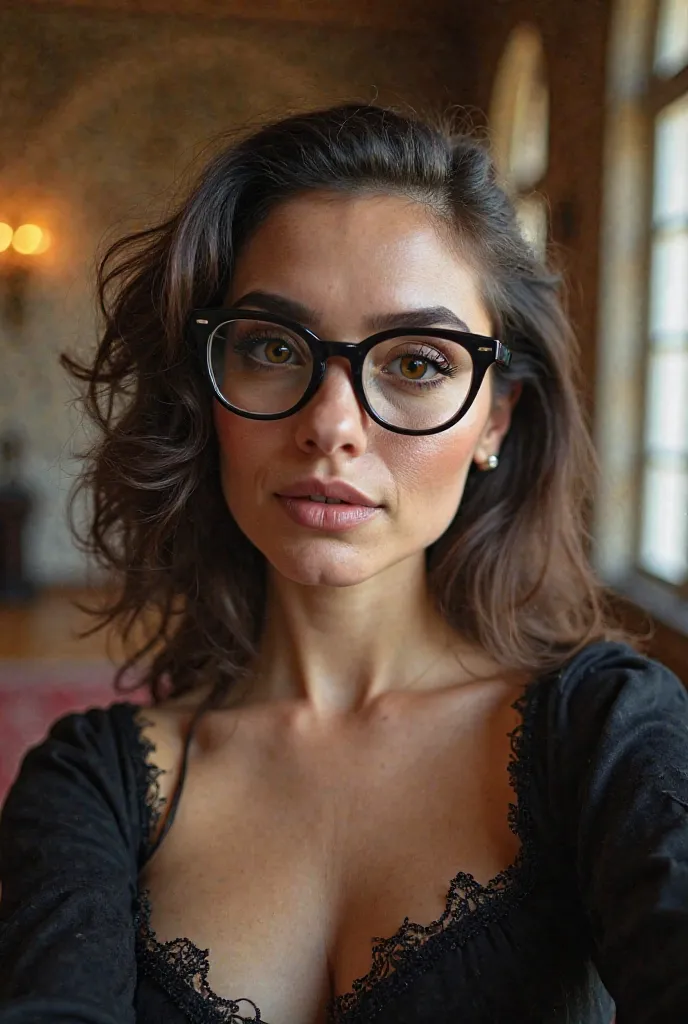 professional studio photo of Lady Dimitrescu taking a realistic selfie, glasses with thick black frames and large rounded lenses, with cleavage in her castle wearing a large and elegant chapel 