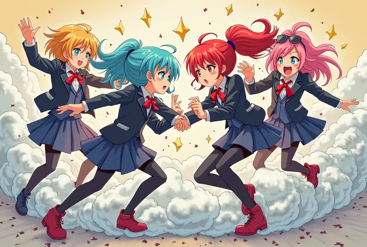 An anime-style illustration depicting many spy-girls playfully wrestling with each other inside a comical fight cloud.
each spy-girl has different colored hair.
their faces,hands,and feet are visible emerging from the cloud as they tussle humorously,  with...