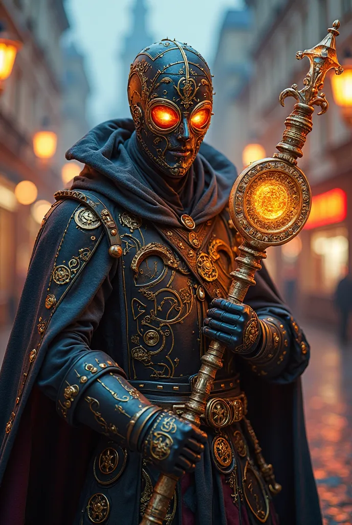 "A masked warrior inspired by medieval alchemists, wearing a high-tech, rune-engraved mask infused with glowing golden formulas. His armor is a mix of Renaissance robes and futuristic exoskeleton enhancements. He wields a plasma-enhanced philosopher’s ston...