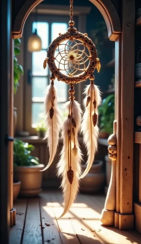 dream catcher、feather decoration、small interior、High Resolution、4K、realistic、realistic texture、detailed expression、natural light、Wood Texture、moody atmosphere、artistic、Fantasy