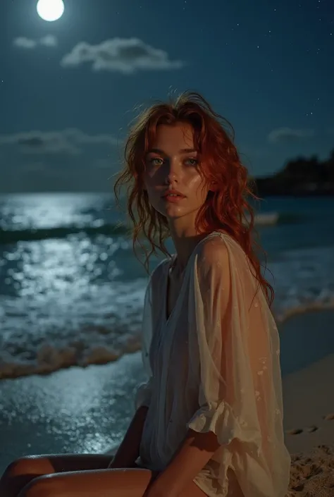 A woman with wavy red hair and dark green eyes is on a deserted beach at night,  illuminated by the soft light of the full moon . She wears a transparent wet shirt, that adheres slightly to her body, creating an ethereal and delicate aesthetic.  with a ser...