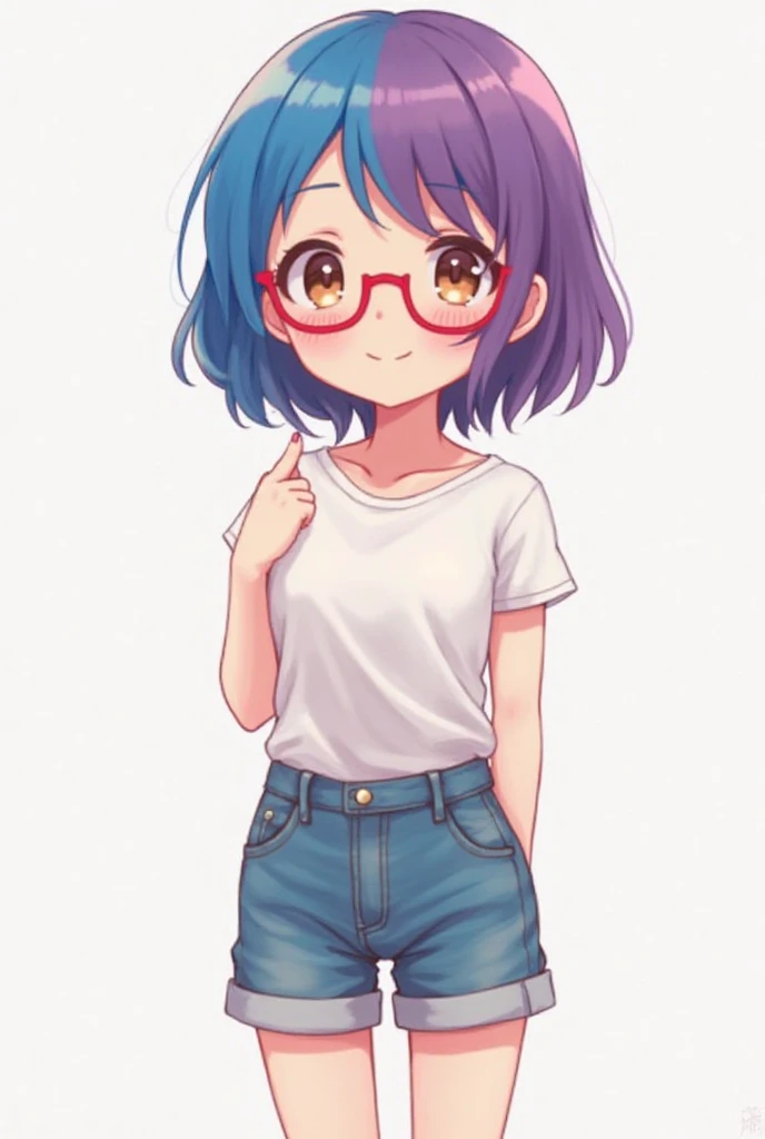  Anime girl with half her short blue and purple hair
With a blushed nose and cheeks and with red glasses and brown eyes with a cheerful pose full body with shorts 