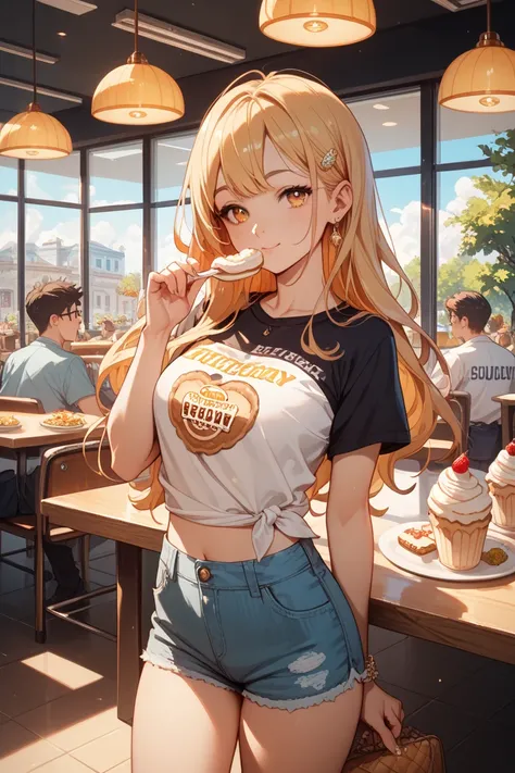 Anime style, a cheerful college girl with long hair flowing freely, amber eyes, wearing casual T-shirt and hotpants, sunlit university cafeteria with bustling students, her boyfriend encouraging her to eat extra colossal cream-filled pastries,