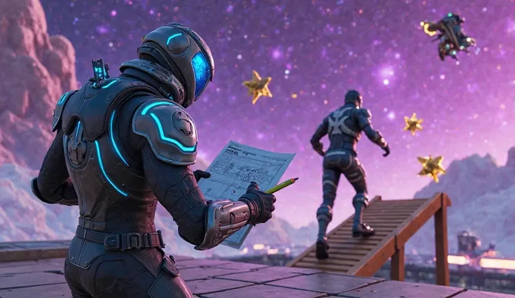 A dynamic Fortnite battle scene set in outer space with a glowing purple nebula background. The main focus is on a character in the foreground, previously Fishstick, now replaced with a futuristic armored warrior with glowing blue accents, holding a bluepr...