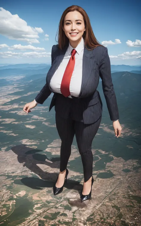 100 km tall giga giantic, curvy 40 year old ladies with a beautiful smile, bigger than a giant city, curvaceous figure, massive beast, and very very long ginger hair, with a curvaceous figure and massive natural breasts. wearing a tailored italian light gr...