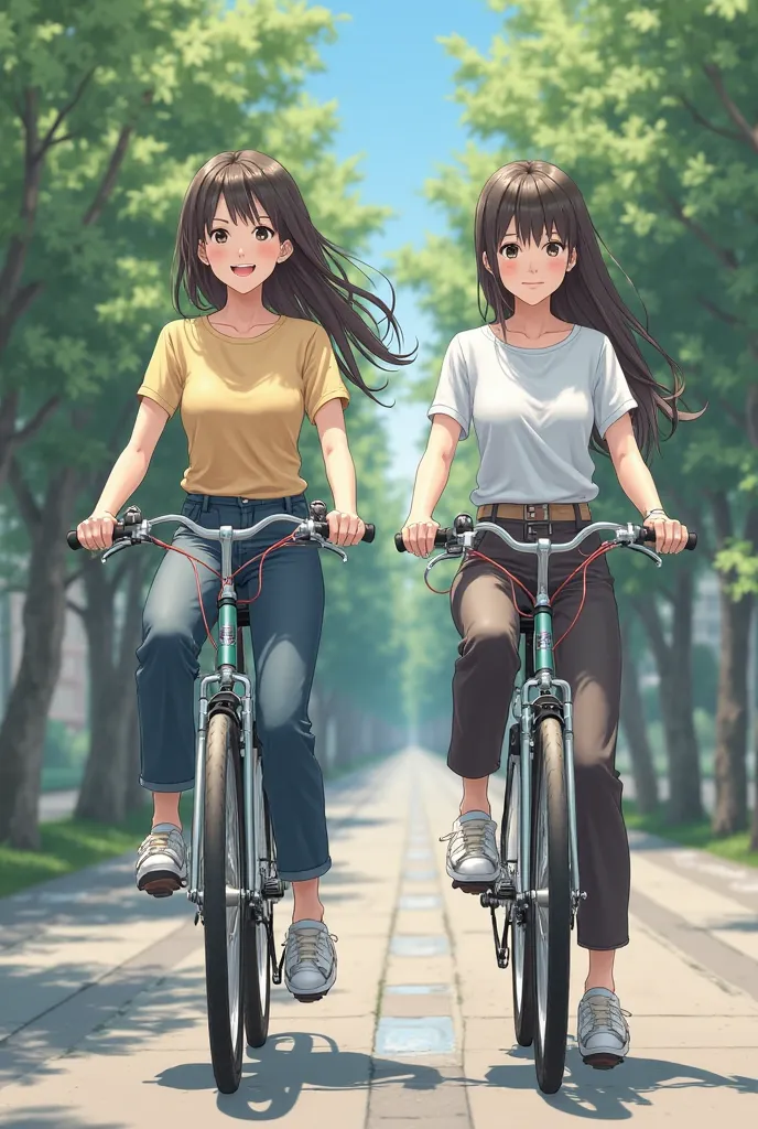 Two women、 Japanese、summer、 riding a bicycle、 photosスタイル、Short sleeve、 long pants、is tall、thin、looks like fun、style that makes fun of your feet、Fair skin、遠くからの photos、18 years old、smile、 real 、 photos、realistic、hyper detailed,high quality,High Resolution、