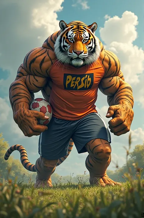 A muscular giantic tiger wearing jersey written 'PERSIB' and holding a foot ball 