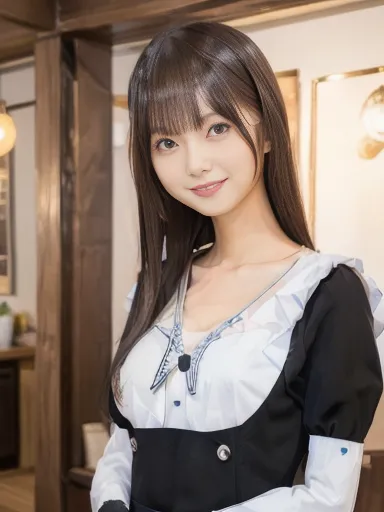 woman, maid café, walking, bright atmosphere, inside shop, full body, ((masterpiece)), ((best quality)), (ultra-detailed), ((beautiful eyes)), Japanese female, (slender:1.3), ((30 years old)), beautiful, (flat chest:1.5), (cheerful grin:1.3),