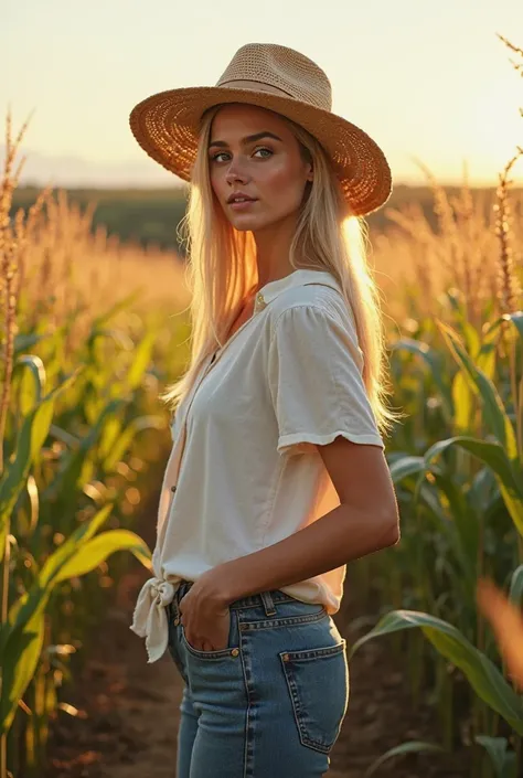  A 35-year-old Brazilian woman ,  fair skin, straight blonde hair up to the waist, light blue eyes, tall, slender body with long legs and medium breasts. Wearing cotton blouse, denim pants and a straw hat, In a corn field, realistic style."