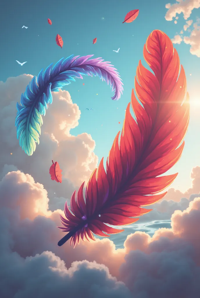 masterpiece、(Highest quality、High Resolution、4K、Created in 8k)、( real 、Photorealistic:1.5)、((((A Floating big Feather))))、giant feathers floating in the sky、七colorの羽が舞う、color々なcolorの羽が舞う、cloud、The light is shining、Angel&#39;s Ladder、Rembrandt Rays 、wind、ro...