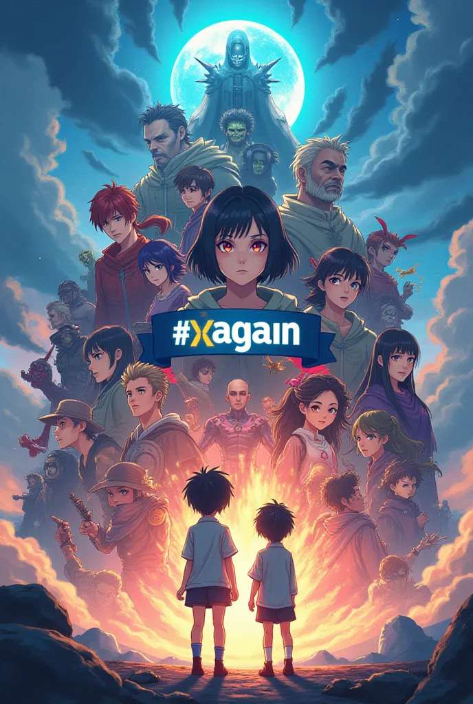 girl boy in front of mixed anime character " C7K #Again " written like an anime drawing, like a movie cover. Draw a banner with 