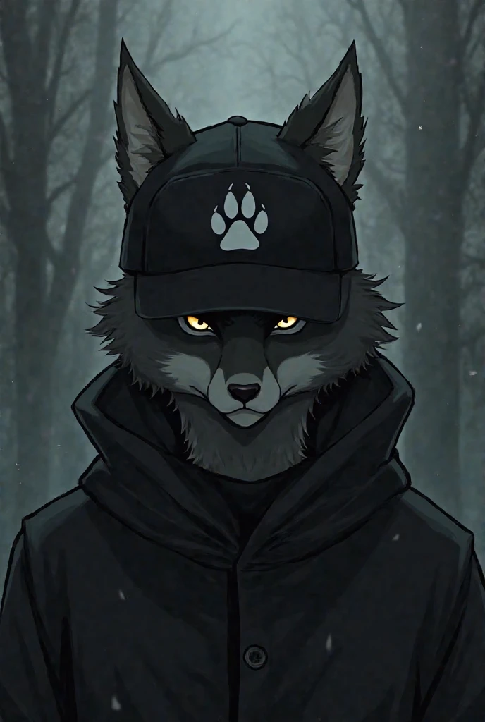 anime art, Furry Volk,  black , on the cap wears a cap on his head that hides his face, black white paw print on the cap, background gloomy 