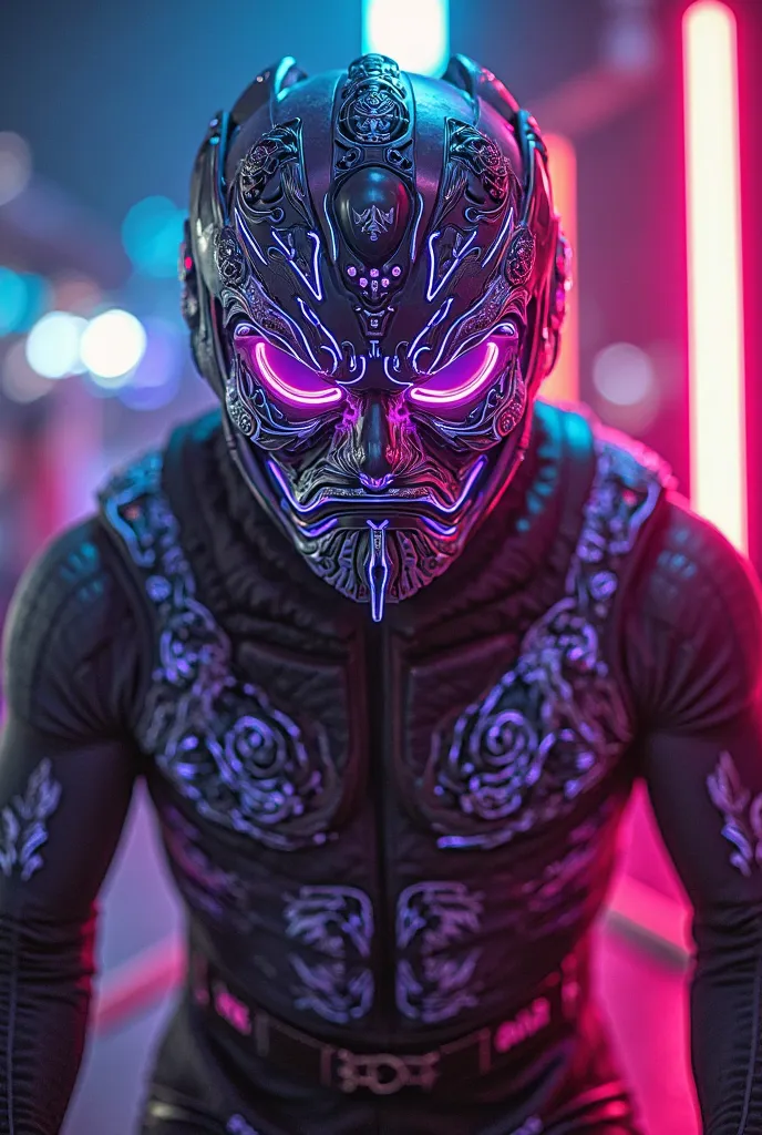 "A masked fighter inspired by Thailand’s legendary Muay Thai warriors, wearing a high-tech battle mask resembling a traditional Hanuman mask, glowing with neon engravings. His suit is a fusion of traditional Thai boxing gear and advanced nanotech armor. He...