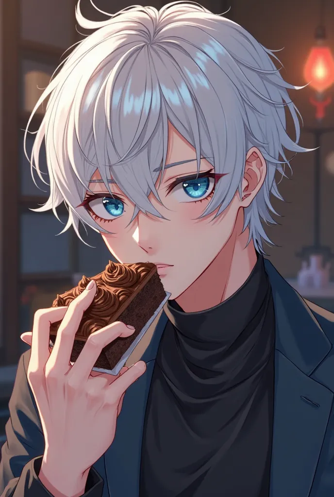 Create an anime manga,in manga form the first part and a 20-year-old,white-haired and blue-eyed young man eating a piece of chocolate cake,He's handsome and he's in a bl