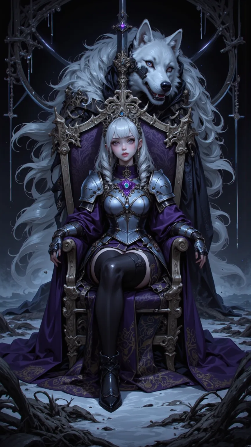 A digital artwork full of complex and rich fantasy elements。in the center of a dark room，A woman wearing medieval knight's armor sits in an old broken leather chair upper。She has a mysterious expression on her face，Wearing purple jewels and broken leather ...