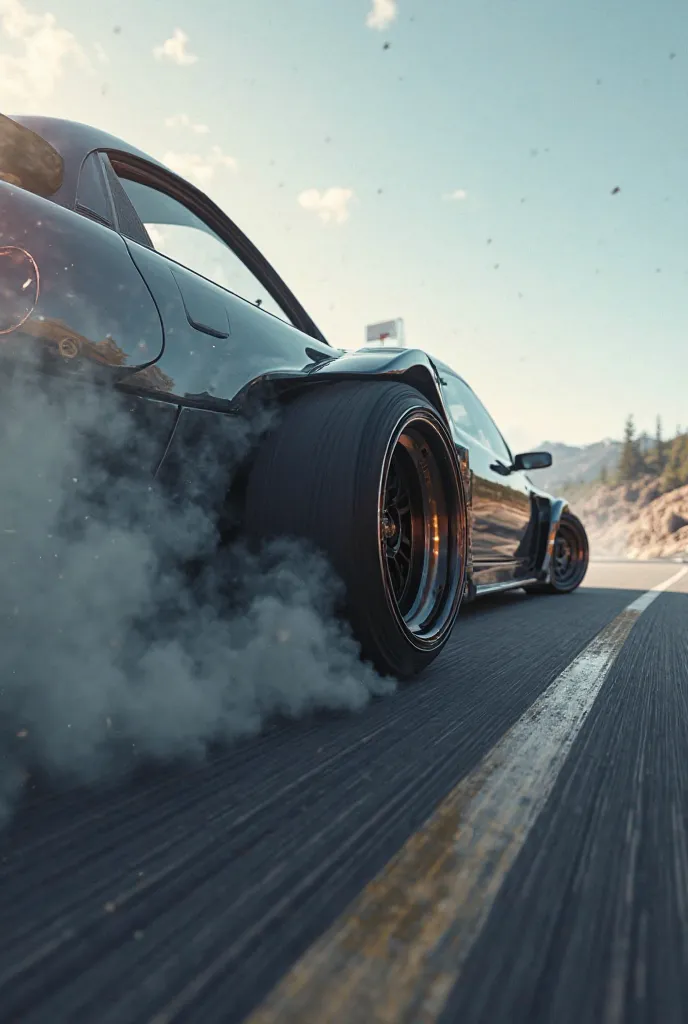 Create an image of a drifting car, view of a spinning wheel from which a lot of smoke comes out, detail on the wheel