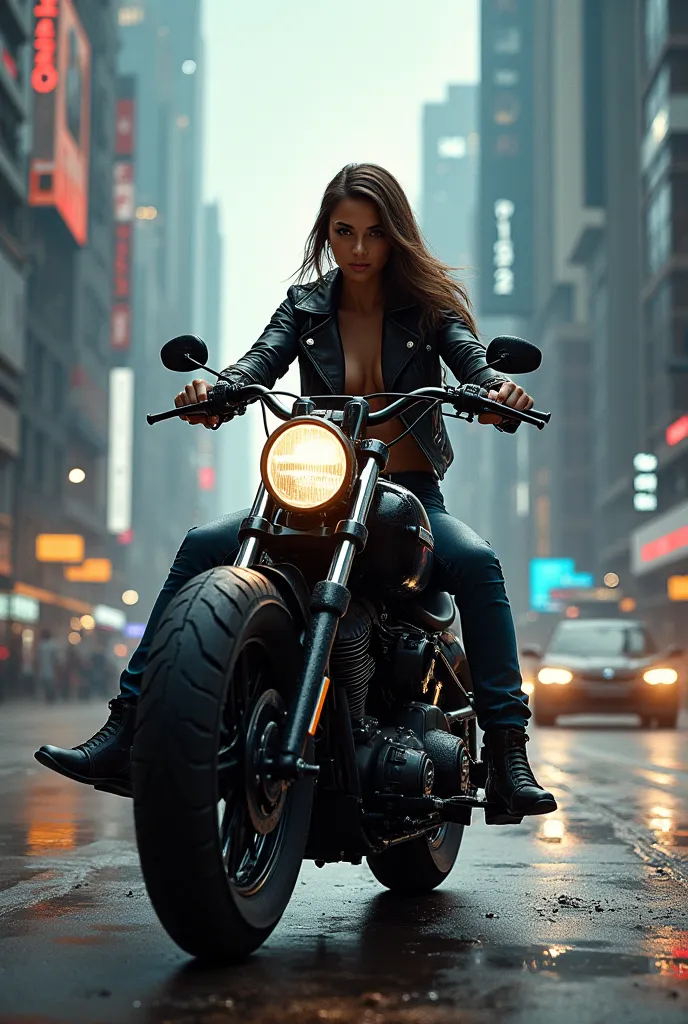 A woman riding a Harley Davidson chopper bike in front of the entrance to a futuristic city, Cyberpunk scene outside the image