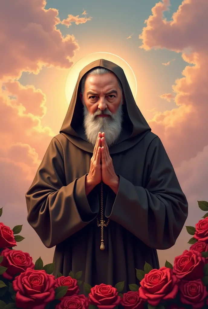 Padre Pio of Pietrelcina with folded hands in prayer with rosary in hand, red roses and background with pink sky and clouds