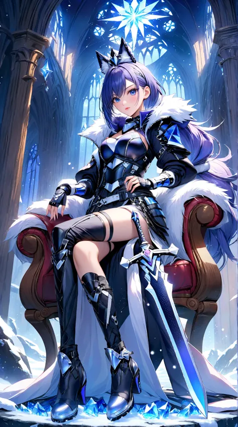 A digital artwork full of complex and rich fantasy elements。in the center of a dark room，A woman wearing medieval knight's armor sits in an old broken leather chair upper。She has a mysterious expression on her face，Wearing purple jewels and broken leather ...