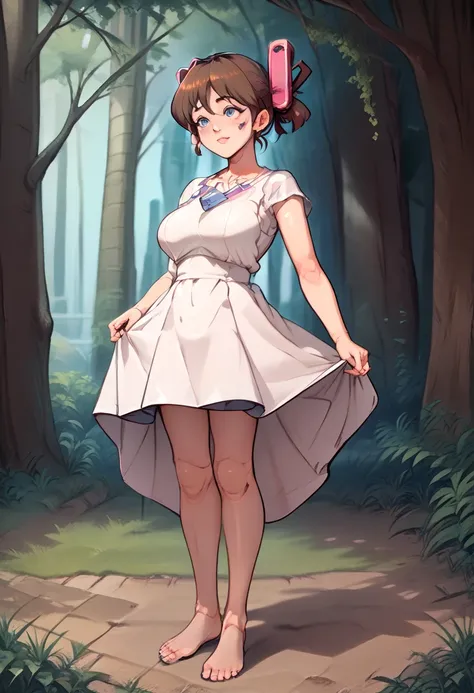 A girl is jumping up on the forest, Middle age, joint seam,full body view, height 160 cm mechanical lady, skin pigment , she gets ecstasy, very short pigtails, brown hair, Hair tie with two red big red clothespins, mature, android, blue eyes, full body fig...