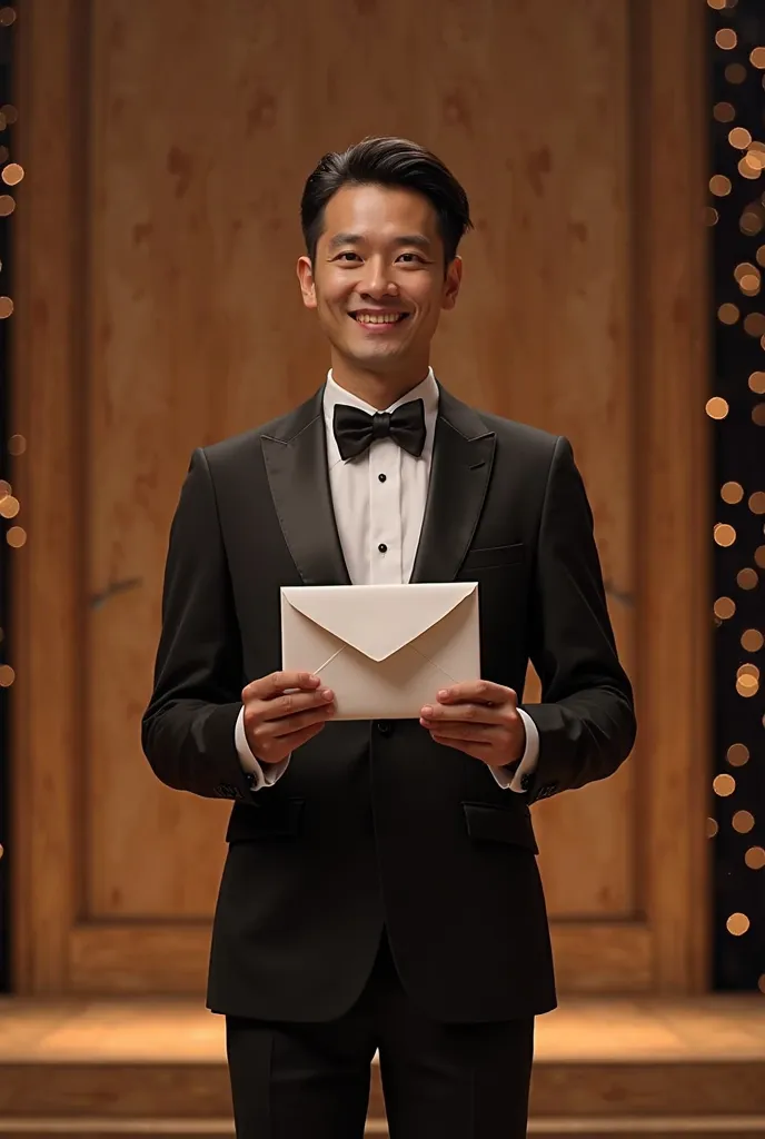 to create a presenter in a black tuxedo at a gala event with a wooden modeno background, holding an envelope with both hands about to reveal the prize winner with a surprise car and twinkling lights 