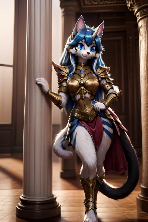  hybrid anthro furry unicorn + black cat,  blue eyes, female with long fringed hair wearing mystical armor posing leaning against a Saint Seiya 3D style Greek pillar 