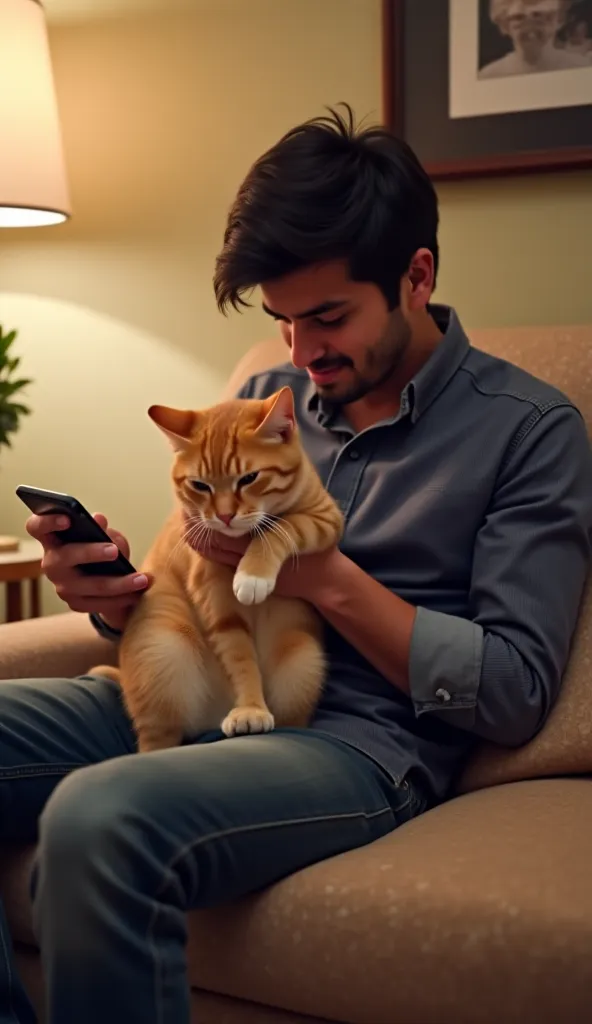 "Milo excitedly jumps on Aarav’s lap, but Aarav, now distracted with his phone, gently pushes the cat away without looking. Milo’s ears droop, and its eyes show sadness. The room feels colder and distant."