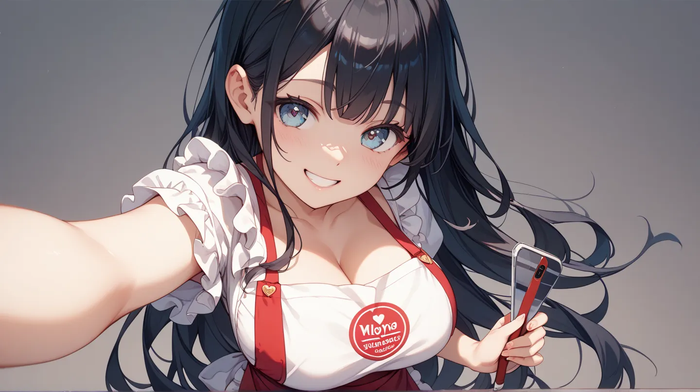 1 girl、cute、younger sister、 black hair long hair、simple background、 has red cheeks、smile、Big Breasts、is watching viewers、full body、selfie、apron