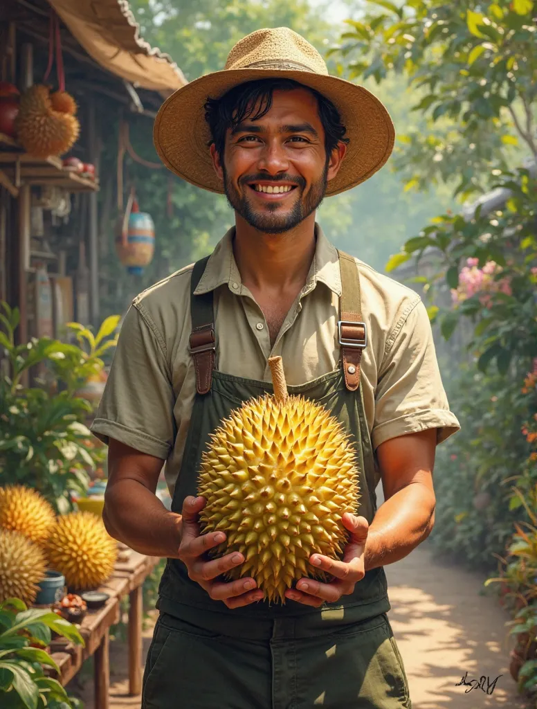 Portrait of a handsome Thai male gardener aged 39 presenting a golden pillow durian sale