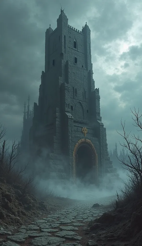 In the heart of a desolate wasteland, a dark and foreboding tower rises ominously from the barren earth, its jagged silhouette stark against a stormy sky. This sinister structure, built from blackened stone and twisted iron, looms like a malevolent sentine...