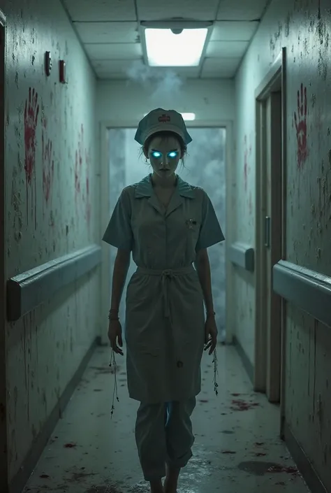 Ghostly nurse in tattered gray uniform (pale skin, glowing hollow eyes) standing in hospital corridor, peeling walls with bloody handprints, misty air, dramatic backlighting, hyper-realistic horror style."**  