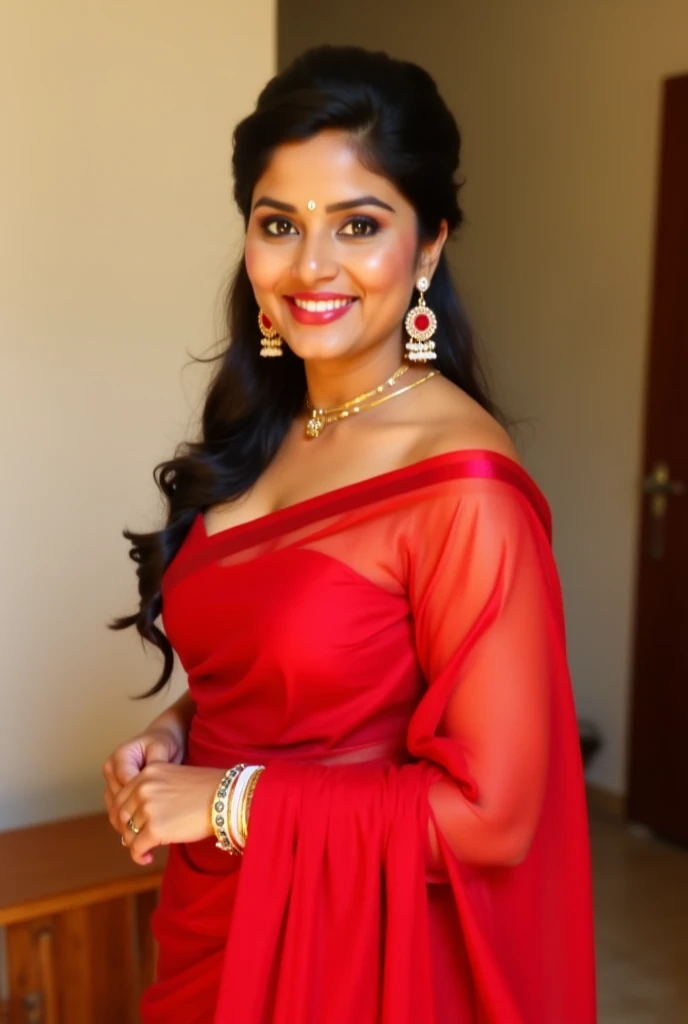 Indian beautiful woman sexy bhabhi, Copper colour strapless white blouse,very deep cleavage,curvy plus size model wearing transparent red saree ,Copper colour satin glossy strapless sleeveless blouse, plenty of red and white bangles in hand,bindi on fore h...