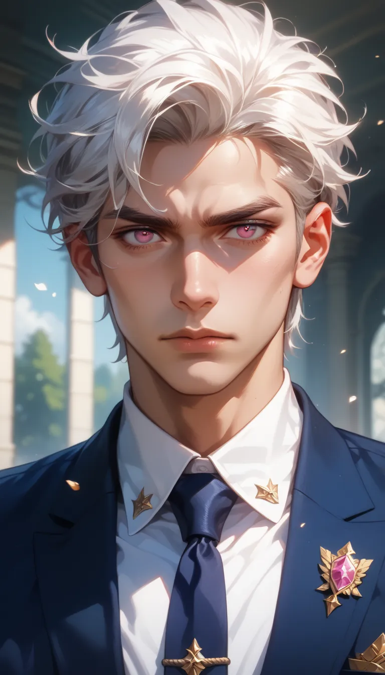 ((best quality)), ((Masterpiece)), (details), (perfection), 1male, adult male, (white hair, pink eye , Handsome) , student uniform, dark blue necktie, white shirt, dark blue blazer, looking at viewer , sexy,exercised body, reality,upper body, male focus, f...