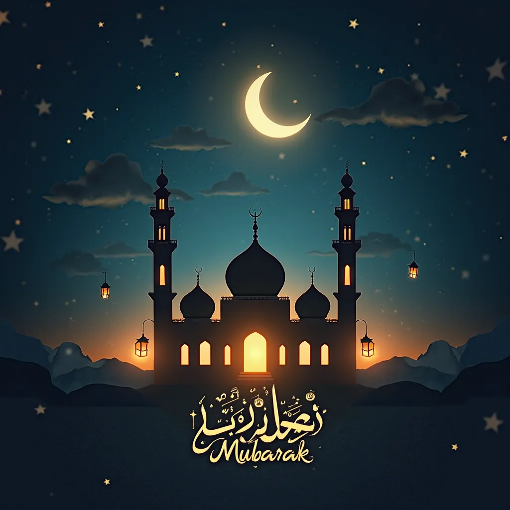 "A beautifully designed Ramadan Mubarak DP for a Taraweeh group, featuring a serene mosque under a crescent moonlit sky. The design includes glowing lanterns, elegant Arabic calligraphy of 'Ramzan Mubarak,' and a peaceful ambiance with soft golden and blue...