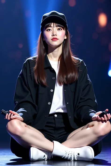 Beautiful Korean girl with young face is sitting at the stage in the lotus position and singing in her mic  wearing white boots Black oversized jacket - has an elongated cut, loose fit and structured shoulders, which adds a strict, stylish look.
A white ba...