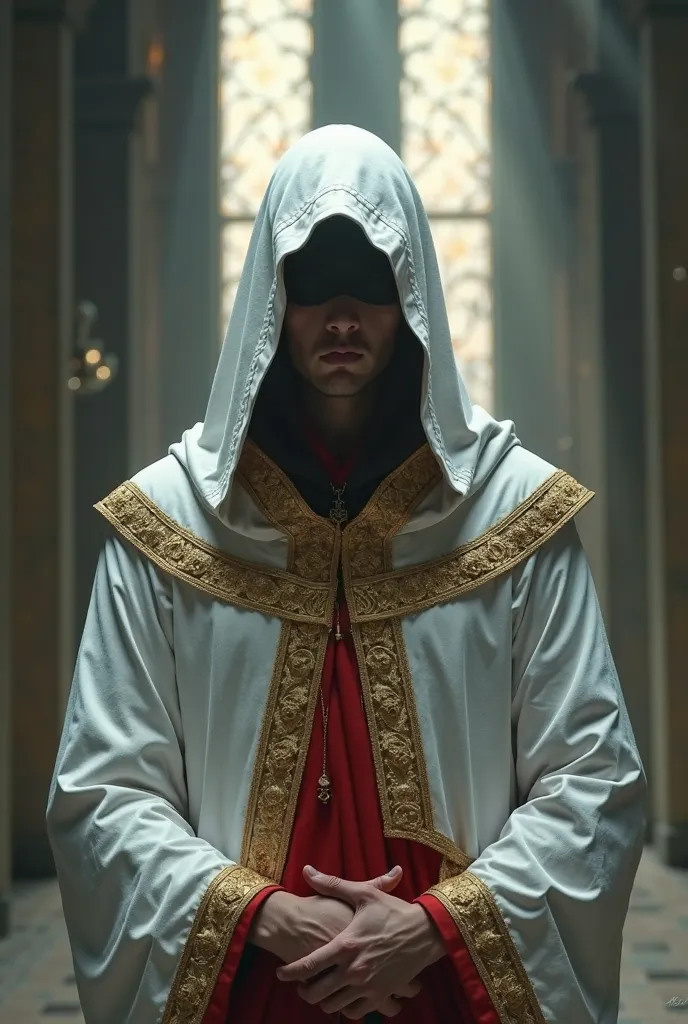 (photorealism:1.2), young adult blonde man wearing a hooded robe with the hood covering the eyes, stark white with red accents and edges with intricate gold trim, pious and devout, member of a cult, completely cover the eyes, in a temple environment with l...