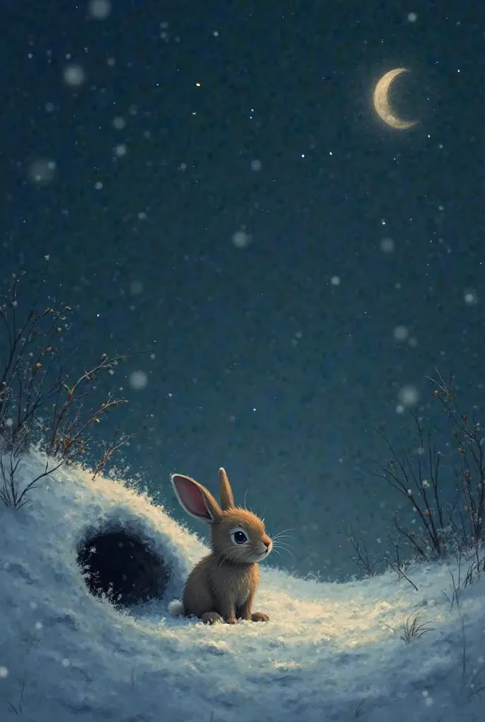 "A small baby rabbit sitting alone at the entrance of a burrow, looking out into the cold, snowy night. His ears are drooping, and his eyes are filled with sadness as he waits for his mother. The wind howls softly, making the atmosphere feel lonely and mel...