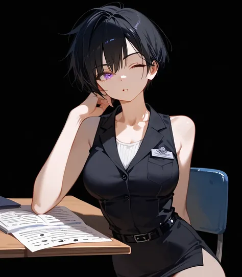 girl,Short hair, cool bob, black hair,Small eyes, with one eye closed, in a light purple eye.,slim,prisoner, Sleeveless Top,sit,big breasts,fit,slim,teacher,Black suit,black background, Tomboy,Lazy ,cute,Librarian ,drowsy ,